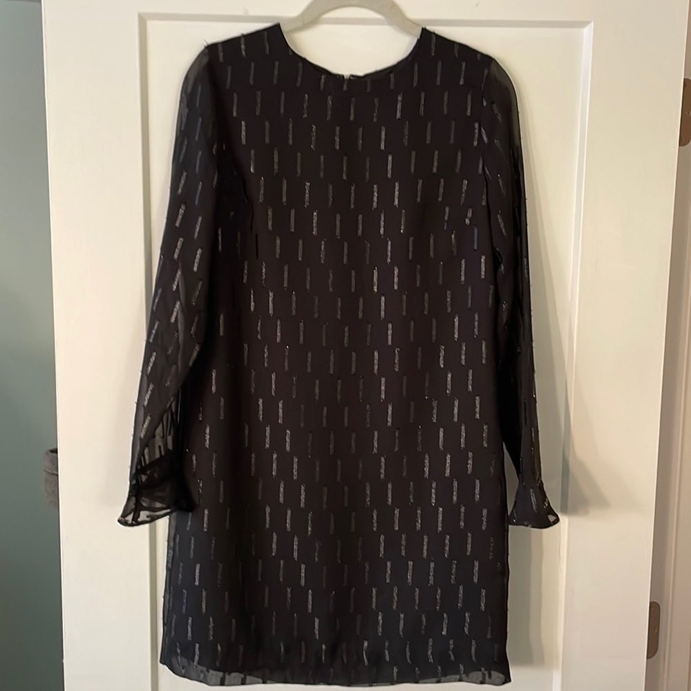 Banana Republic Black Sheath Full Lining Sheer Long Sleeve Ruffle Cuff Back Zip